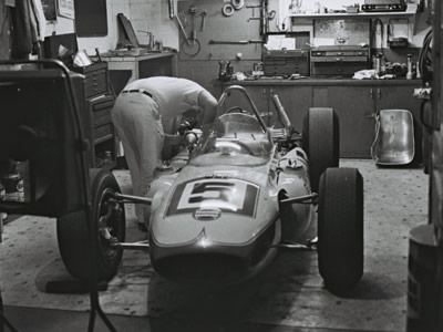 Don Branson's Watson-Offy receives some late-night attention in the Leader Card Racers garage at Indy in 1964.  Part of the Dave Friedman collection. Licenced by The Henry Ford under Creative Commons licence Attribution-NonCommercial-NoDerivs 2.0 Generic. Original image has been cropped.