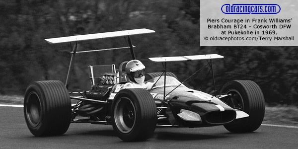Piers Courage in Frank Williams? Brabham BT24 - Cosworth DFW at Pukekohe in 1969.  Copyright oldracephotos.com/Terry Marshall.  Used with permission.