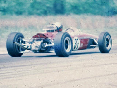 Bill Gubelmann in his red Formula C Brabham BT18 at VIR in April 1967. Copyright Ed Lloyd (virhistory.com) 2024. Used with permission.