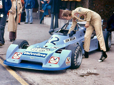 Hans Royer with his Jim Beam Chevron B40 at Donington Park in October 1977. Copyright Paul Fairbanks 2022. Used with permission.