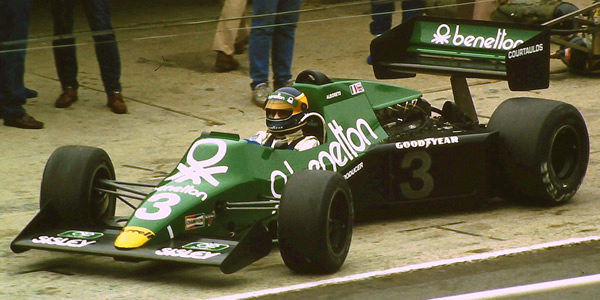 Michele Alboreto in the Tyrrell 012, seen here during tyre testing at Brands Hatch in 1983. Copyright Martin Lee 2017. Used with permission.