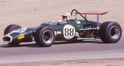 Ron Dykes in Dick Doherty's Brabham BT29 in an SCCA National at Riverside in early 1971. Copyright Allen Brown (slide acquired on eBay) 2012. Used with permission.