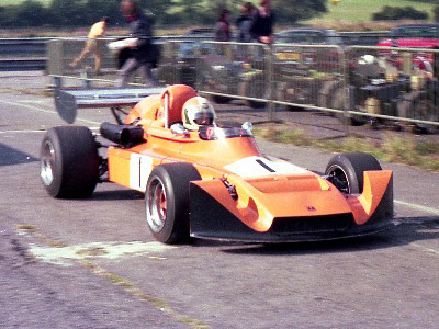 John Nicholson in the "ex-Gygax" Modus M3 at Thruxton on 12 October 1975. Copyright Andrew Scriven 2010. Used with permission.